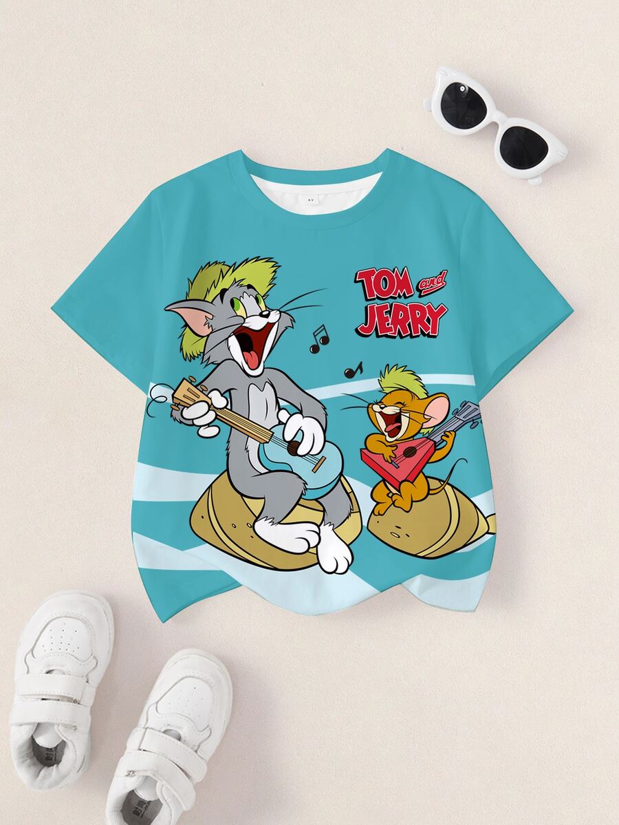 TOM & JERRY X SHEIN 小男孩字母卡通印花圓領短袖休閒T恤 - 白色 - 查看 1