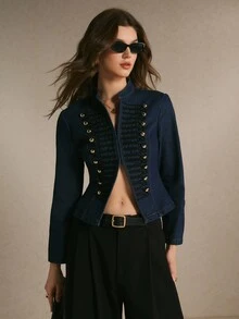 Poéselle Damjacka i denim med lång ärm, knappdesign och avslappnad Napoleon-stil - Mörktvätt - Visa 7