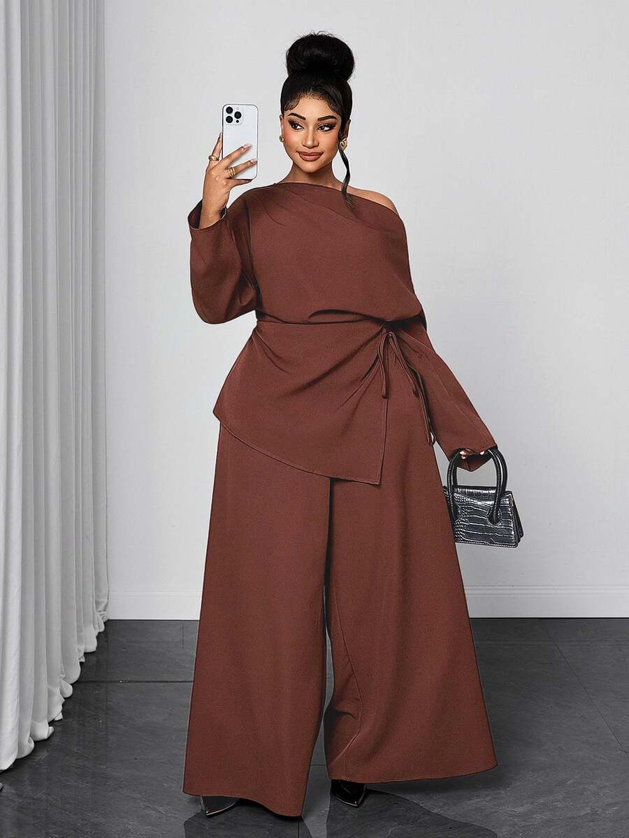 Maweii Plus Size Women's Solid Color One-Shoulder Long Sleeve Top And Wide Leg Pants 2 Pieces Set - Brown - View 1