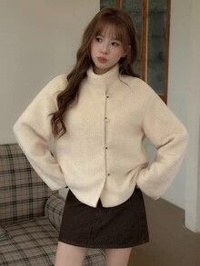 K-Vae Women's Autumn/Winter Lamb Wool Single-Breasted Coat, Beige - Apricot - View 1