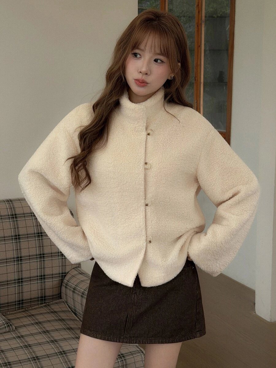 K-Vae Women's Autumn/Winter Lamb Wool Single-Breasted Coat, Beige - Apricot - View 1
