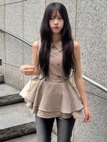 FRIFUL Women's Houndstooth Double-Breasted Lapel Sleeveless Blouse - Khaki - View 8
