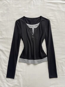 Attitoon Women's 2 In 1 Patchwork Casual Daily Long Sleeve T-Shirt - Black - View 6