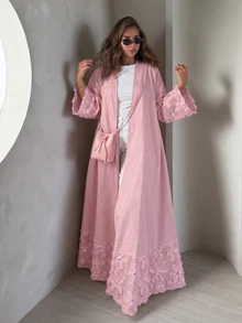 Yasmyna Women Spring Autumn Outfit Gentle Pink 3D Floral Beaded Open Abaya Elegant Flare Sleeve Maxi Cardigan For Family Gathering Engagement Wedding Guest - Pink - View 8