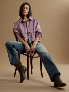 WESTFADE Pink Collared Button Front Denim Top, Fall, Autumn, Winter, Country, Cowgirl, Cute, Western, Thanksgiving Outfit, Country Concert Outfit, Casual - Multicolor - View 5