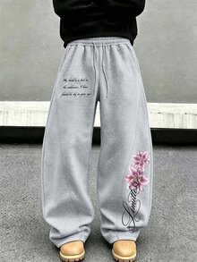 Manfinity EMRG Men's Letter & Floral Print Drawstring Waist Pocket Sweatpants - Grey - View 2