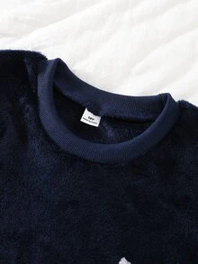 Genkimix Kids 2件組男童深藍色秋冬毛絨睡衣套裝，休閒字母刺繡長袖上衣與長褲，居家休閒服裝套裝 - 藏蓝色 - 查看 7