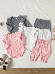 SHEIN Playful Pals 3套女嬰連身衣+長褲，可愛粉色白色雛菊條紋荷葉邊蝴蝶結飛袖圓領常規款，生日秋季假期公主優雅風 - 彩色 - 查看 7