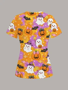 PopScrub Fun Halloween Pumpkin Ghost Orange & Purple Contrast Color Ghost Candy Doctor Nurse Scrub Uniform Top - Multicolor - View 2