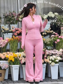 SHEIN EZwear 大尺碼休閒輕量瑜伽彈性夾克與喇叭褲兩件套 - 藕粉色 - 查看 4