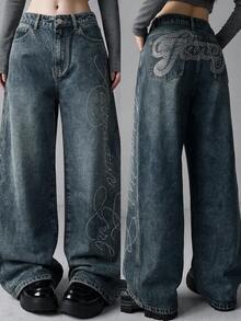 FRIFUL Women's Fashion Rhinestone Button Pocket Denim Jeans Fall - Blue - View 1
