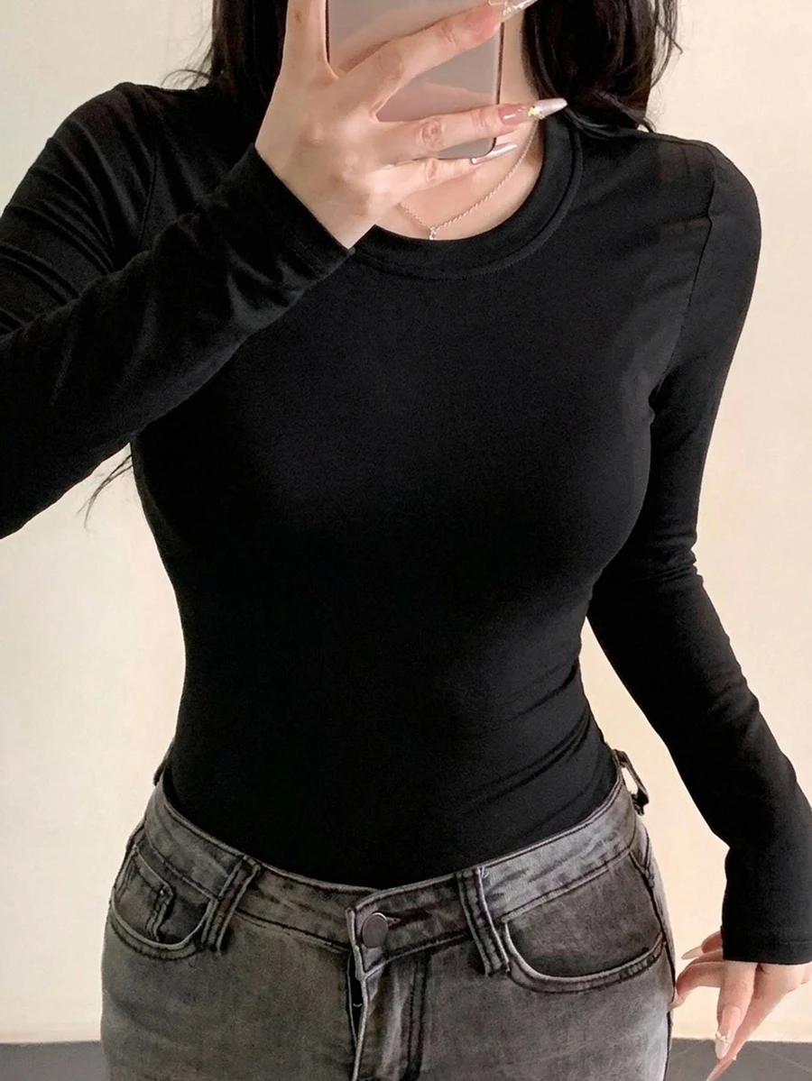 Joudiya 秋季黑色圓領基本款運動休閒街頭風性感長袖女款T恤 - 黑色 - 查看 1