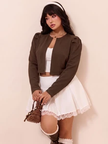CovetEZ Brown Plus Size Women's Solid Color Long Sleeve Jacket - Versatile, Elegant Gothic Style, Suitable For Daily, Workplace, Formal Occasions And Evening Events (Autumn Style) - Brown - View 3