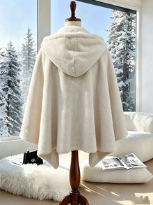 Elenzga Women's Plush Hooded Winter Cape Coat - White - View 2