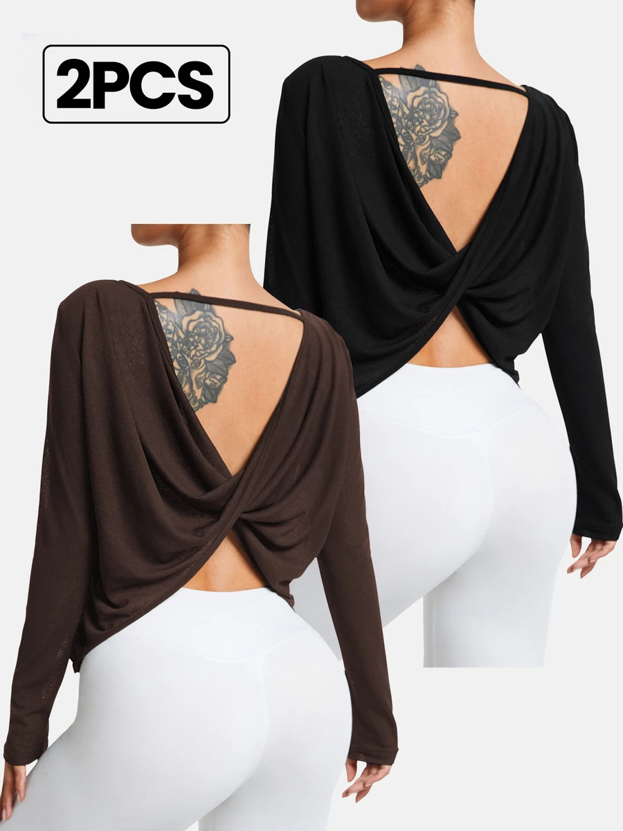 Velisys Velisys Women's Backless Long Sleeve Round Neck Loose Fashion Sports T-Shirt - Multicolor - View 1