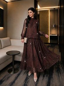 Auveirra Plus Size Sequin Pleated Top And Long Skirt 2 Pieces Set - Mocha Brown - View 6