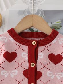 Young Girl' Sweater Set, Stylish Heart‑Patterned Cardigan Top With Skirt - Pink - View 4