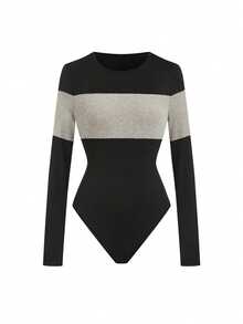 SHEIN Tall Bodysuit Wanita Lengan Panjang Kasual Nyaman dan Serbaguna dengan Leher Bulat dan Motif Garis Horizontal Kombinasi Warna - MultiWarna - View 4
