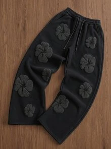 TOKVUE 男士美式復古花卉毛巾刺繡寬腿運動長褲，抽繩鬆緊腰寬鬆垂墜剪裁，極簡休閒日常通勤休閒褲，街頭時尚中性情侶穿搭，假期禮物首選，秋季直筒運動長褲 - 黑色 - 查看 5