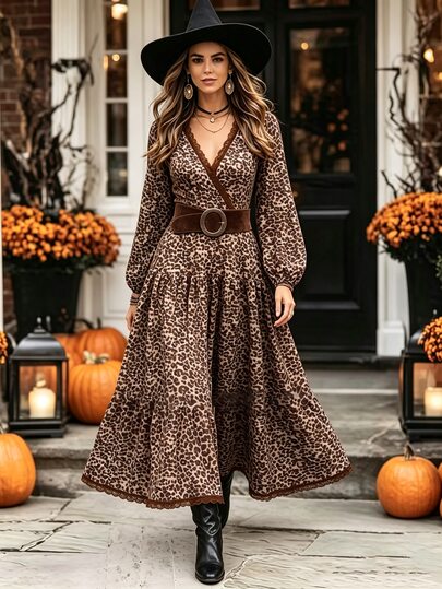 LanaWest Vestido de moda para mujer con estampado de leopardo vintage y encaje, cuello en V, estiliza la figura, para citas, fiestas y uso diario
