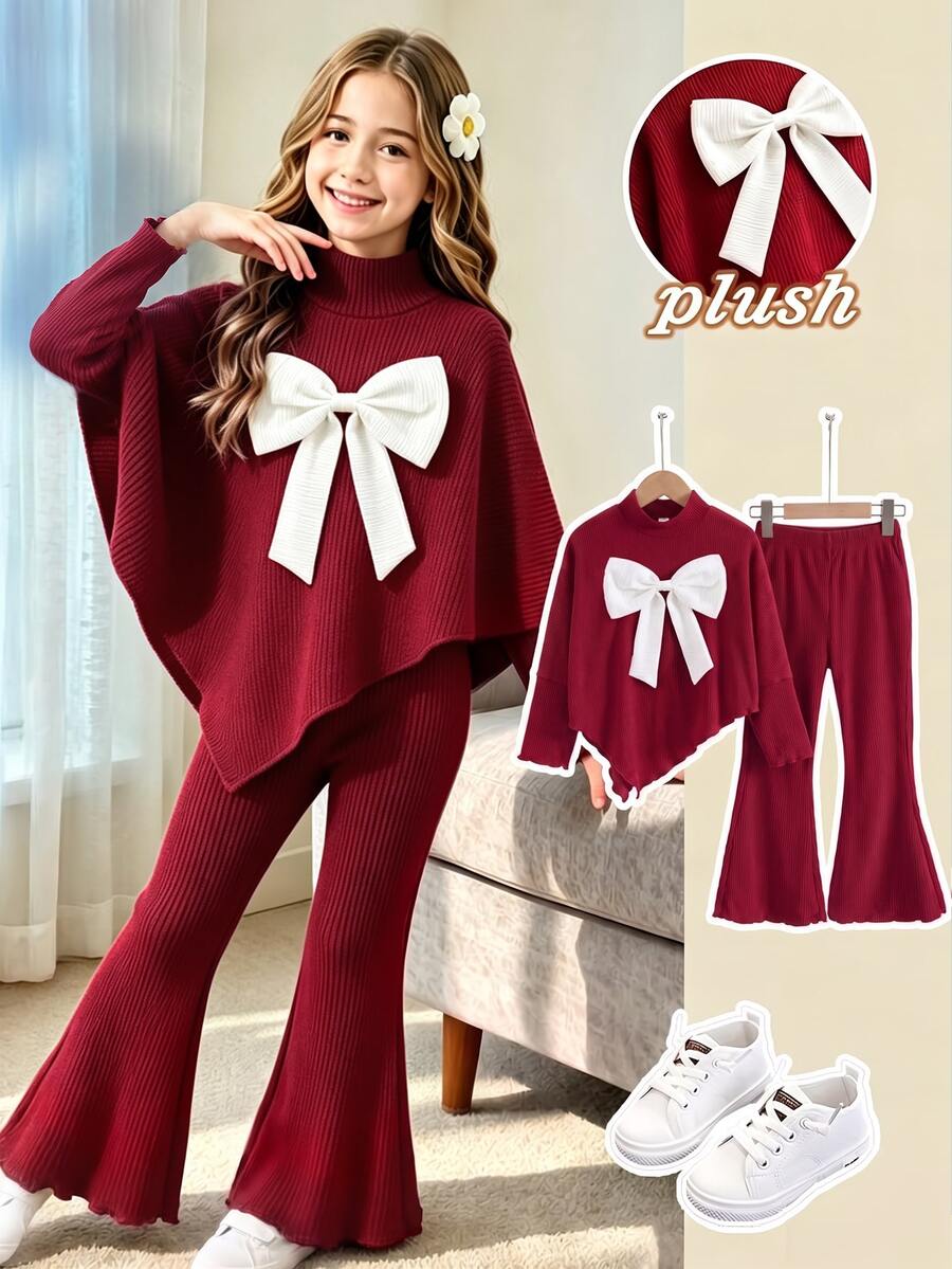 SHEIN 2 Pieces Set For Girls, Sweet & Cool Vibe Style, 3D Large Bow Decor, High Neck Long Sleeve Asymmetrical Hem Top, Paired With Matching Color Ruffle Flare Pants, Ribbed Textured Fabric, Loose Fit, Suitable For Holiday Parties, Outings, Exquisite & Eye-Catching, Perfect For Autumn/Winter - Red - View 1