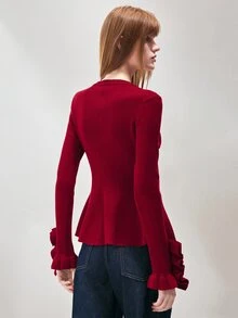 SHEIN Women's Cardigan Slim Fit Textured Knit Pearl Buttons Ruffle Cuffs Round Neck Elegant Red Solid Sweater Cardigan For Women Knit National Day - Burgundy - View 4
