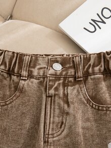 SHEIN Girls' Loose Straight Leg Long Pants, Coffee Color Washed High-End Fabric With Cotton Denim Feel, Comfortable For All Seasons, Y2K Style Fashion Cute Streetwear, Multi-Color Heart Embroidery - Brown - View 4