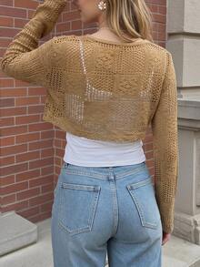 Cévolie Women's Bohemian Style Hollow Out Vintage Vacation Daily Commute Lace-Up Wooden Bead Small Jacket - Apricot - View 2