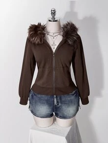 SHEIN ICON Plus Size Women's Y2K Retro Fur Collar Patchwork Regular Sweatshirt Jacket With Pocket Fall - Coffee Brown - View 3