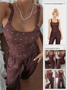 CottageSlumber Women's Fashion Minimalist Heart Print Camisole Top & Long Pants Pajama Set - Coffee Brown - View 7