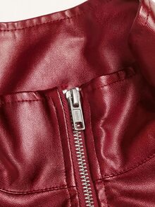 SHEIN 青少年女孩純色PU皮革拉鍊休閒百搭日常長袖夾克 - 紅色 - 查看 6