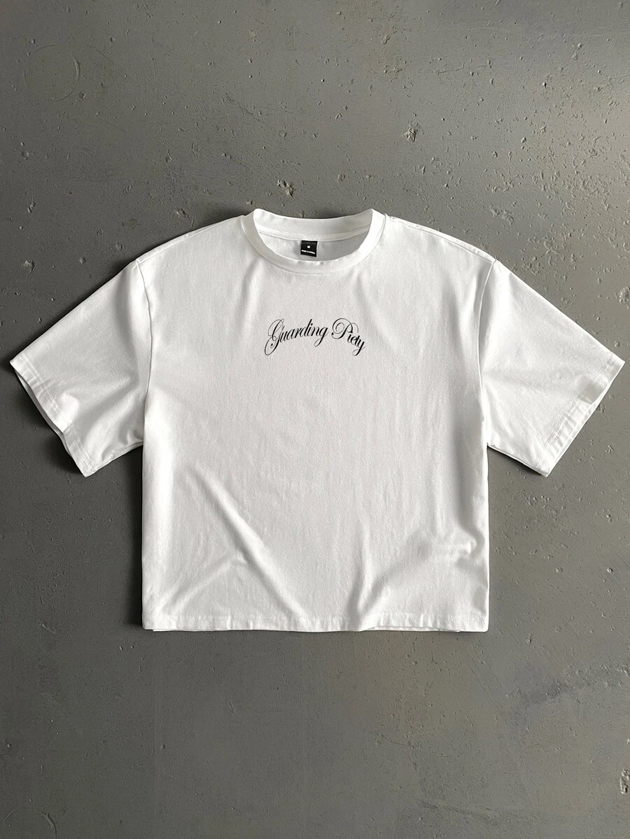 Manfinity ZONE917 Boxy Cropped Loose Gothic Angel Graphic White 100% Cotton T-Shirt, Suitable For Spring/Summer, Gift For Friends - White - View 1