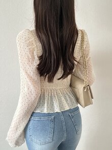 FRIFUL Women's Polka Dot Pleated Casual Versatile Everyday Outing Blouse - White - View 8