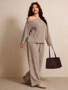 Elaquor 大尺碼女款條紋不對稱肩長袖T恤與長褲休閒兩件套 秋/冬休閒日常外出辦公工作套裝 - 棕色 - 查看 1
