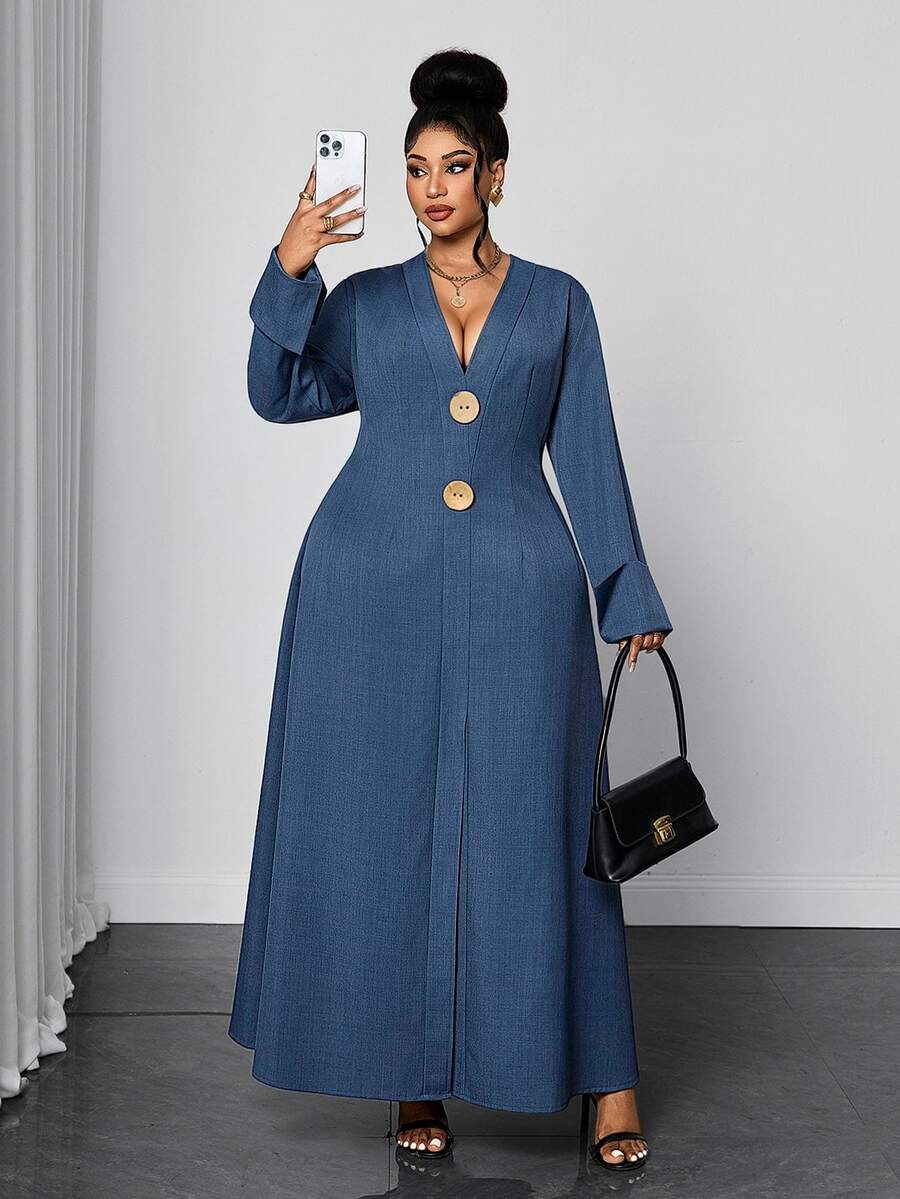 Maweii Plus Size Women's Casual Commute V-Neck Long Sleeve Large Button Decor Cinched Waist Dress Fall - Blue - View 1