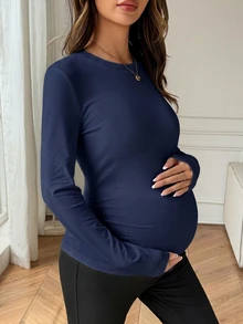Dazy Maternity 純色修身圓領長袖休閒柔軟度假韓風春秋孕婦T恤 正式拍照用 白色 - 藏蓝色 - 查看 4