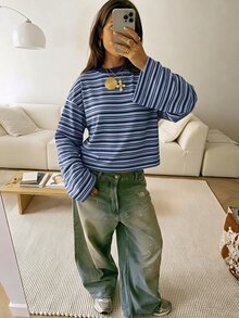 SHEIN EZwear Women's Striped Casual Versatile Daily Long Sleeve T-Shirt - Blue - View 5