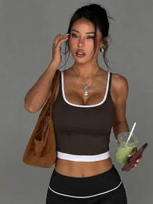 Slayform Slayform Women's Sports Yoga Outdoor Gym Tank Top With Adjustable Shoulder Straps And Contrast Color - Brown - View 1