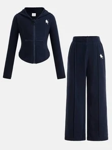 SHEIN 女童秋冬新款加厚抓絨針織海軍藍外套兩件套，可愛卡通印花休閒日常百搭返校運動風，柔軟舒適 - 藏蓝色 - 查看 10