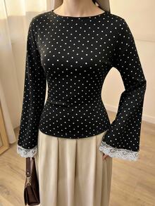 Celisse Polka Dot Print Flared Sleeve Contrast Color Lace Patchwork Elegant Autumn/Winter Women's T-Shirt - Black - View 3