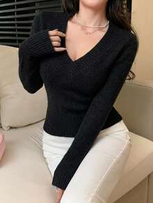 DAZY Women's Solid Color V-Neck Long Sleeve Casual Versatile Sweater, Autumn/Winter - Black - View 3