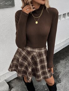 SHEIN LUNE طقم نسائي كاجوال للتنقل اليومي من قطعتين بنقشة مربعات وأكمام طويلة، أساسي وعصري لفصلي الخريف والشتاء - بني - مشاهدة 4