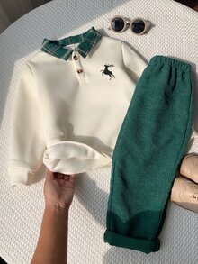 SHEIN 2件組兒童小男孩秋冬休閒衛衣褲套裝，衛衣套裝，男孩套裝，秋冬套裝，聖誕套裝，綠色套裝 - 彩色 - 查看 7