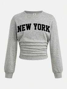 青少年女孩 New York 英文印花灰色套頭運動衫，抽繩收腰寬鬆休閒百搭款，適合日常穿著與返校季，秋季新品 - 灰色 - 查看 3