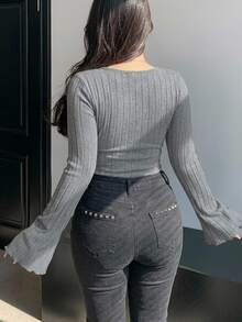 Dazy Plus Sexy Criss-Cross Strappy Fitted Long Sleeve T-Shirt - Grey - View 3