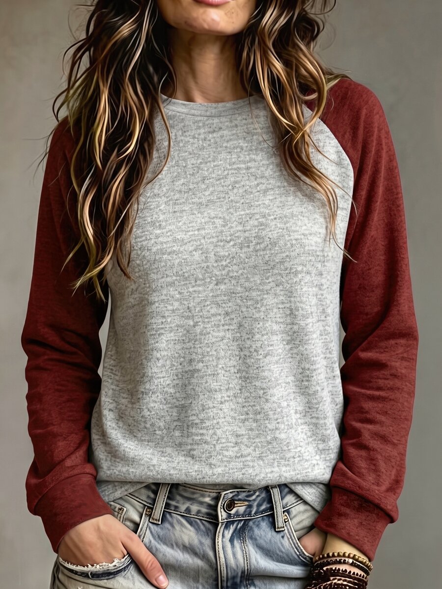 LUMIGAL Women's Spring/Autumn Casual Daily Commute Colorblock Raglan Long Sleeve Crew Neck Sweatshirt - Multicolor - View 1