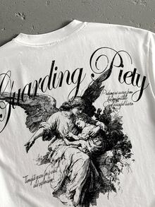 Manfinity ZONE917 Boxy Cropped Loose Gothic Angel Graphic White 100% Cotton T-Shirt, Suitable For Spring/Summer, Gift For Friends - White - View 3