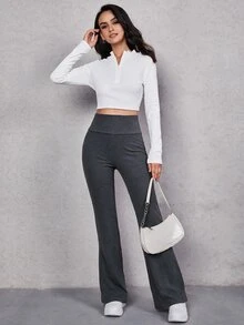 SHEIN EZwear 女款純色高腰休閒百搭喇叭褲 - 深灰色 - 查看 4