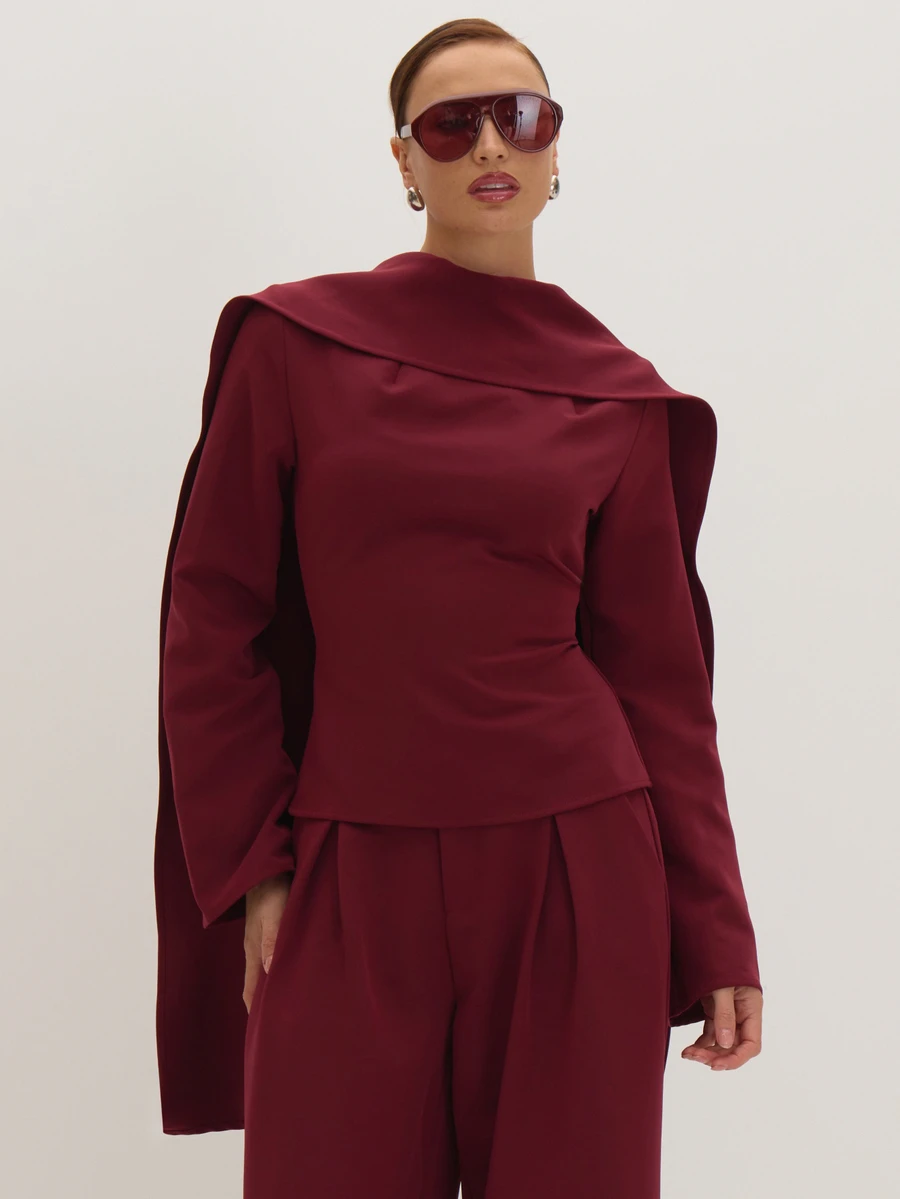 MUSEYN Burgundy Red Woven Cape Tailored Top Versatile Everyday Casual New Season Fall - Burgundy - View 1
