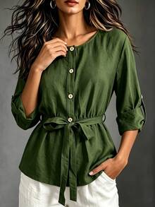 EMERY ROSE Women's Vintage Cinched Waist Casual Commute Long Sleeve Round Neck Blouse - Green - View 9